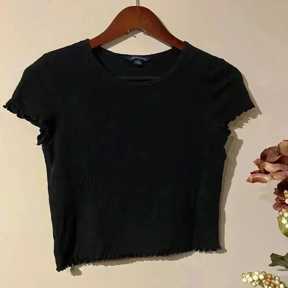 American Eagle Crop Top Black Women’s XS Fitted Stretch Crewneck Texture Gauze